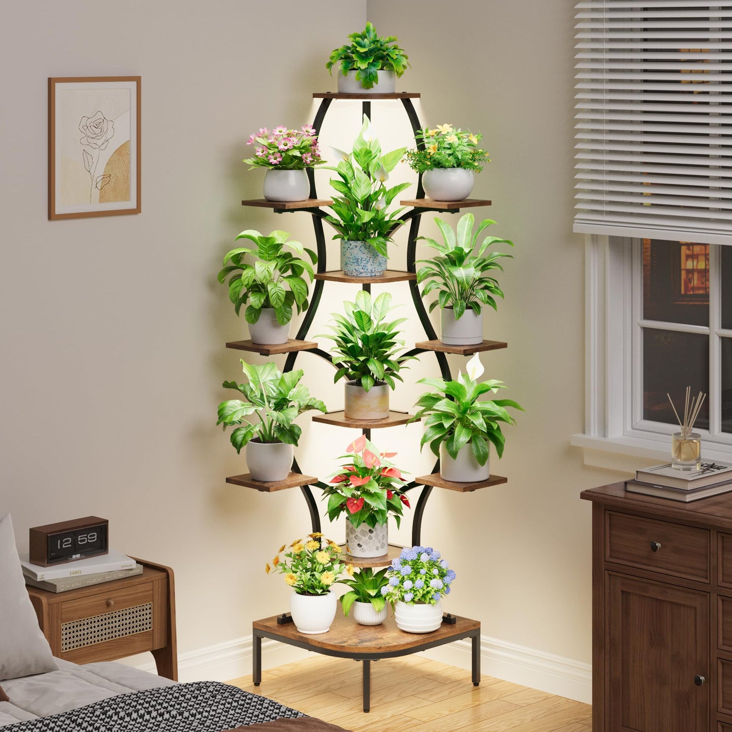 LATIBELL 72'' Tall Corner Plant Stand Indoor with Grow Light - 11 Tiered Metal Plant Shelf for Indoor Plants, Curved Display Rack Capable of Holding Large Pots in Living Room, Patio & Balcony, Black