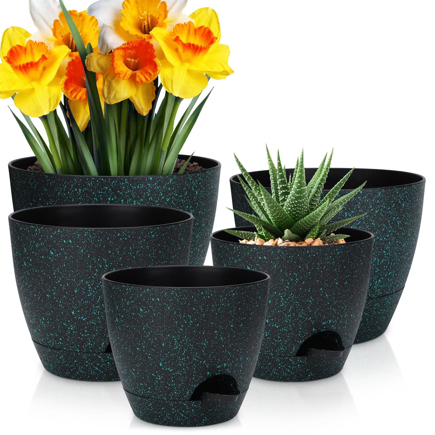 YNNICO Plant Pots 10/9/8/7.5/7 inch, Self Watering Planters with Drainage Holes & Saucers for Indoor and Outdoor Plants (Green Speckles)