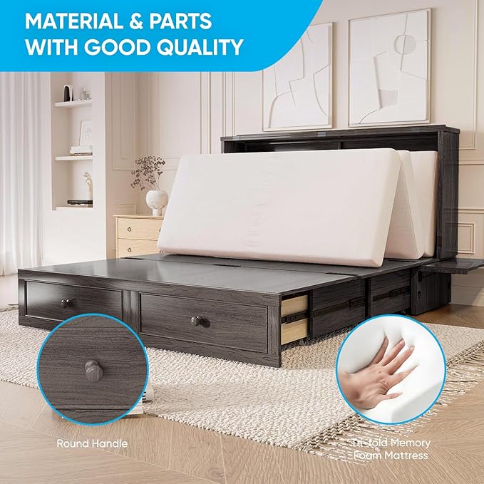 Mjkone Murphy Cabinet Bed Queen Size, Solid Wood Mobile Wall Beds Chest