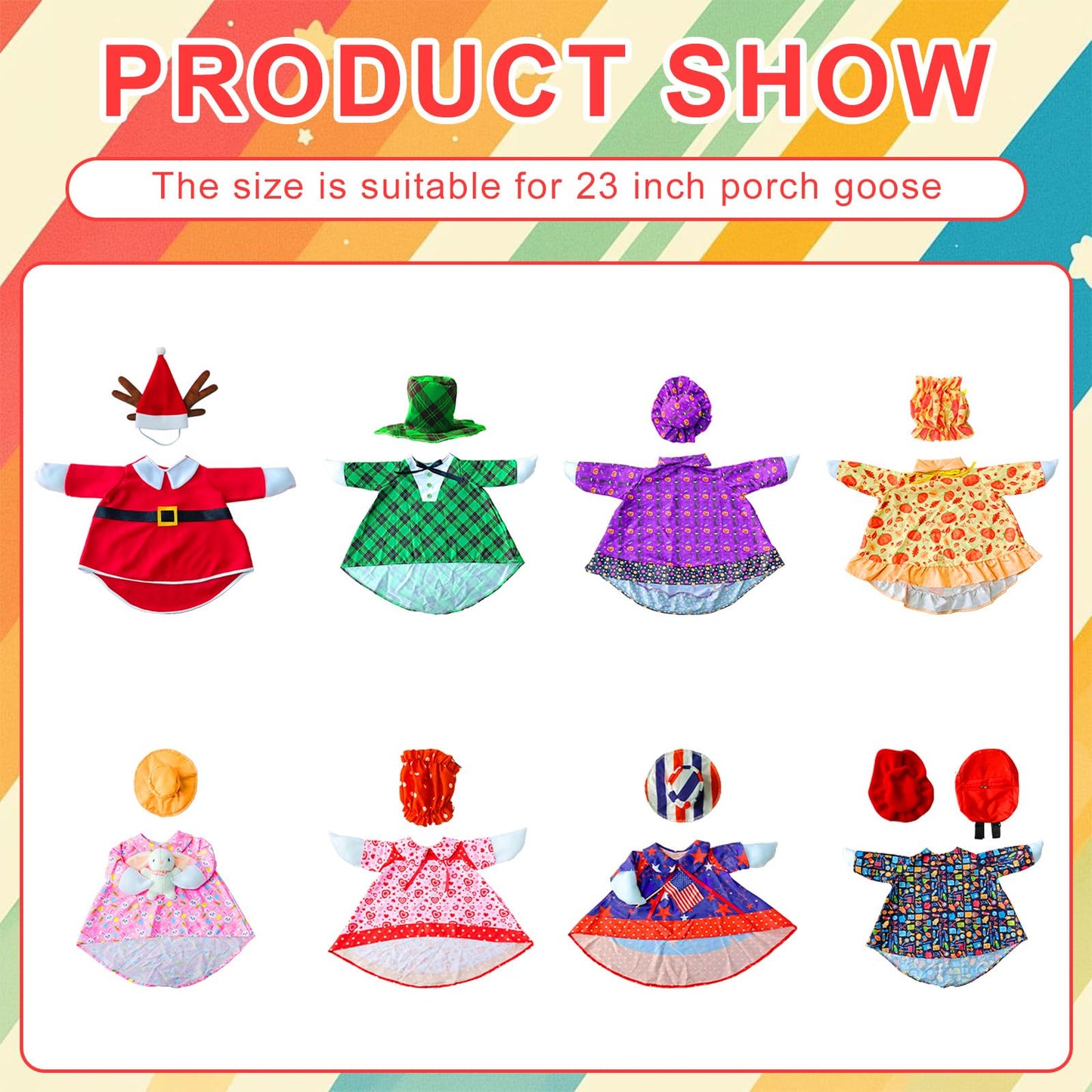8 Set Porch Goose Outfits All Seasons Holiday Bundle, Valentine's Day, St. Patrick's, Easter, Independence, Back School, Halloween, Thanksgiving, Christmas Clothing for 23" Lawn Goose Patio Yard Deco