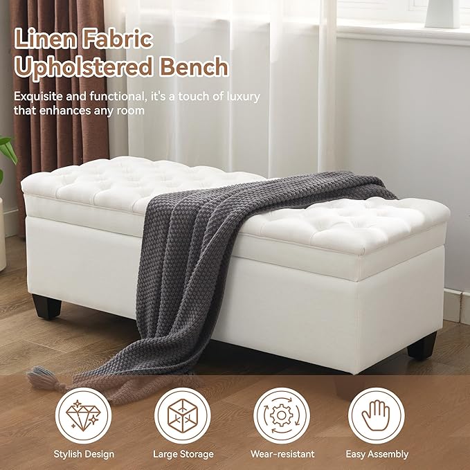 WUTUTUEE 51" Fabric Storage Ottoman Bench, Upholstered Rectangle End of Bed