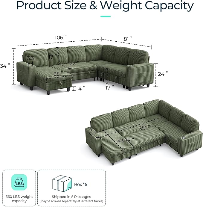LINSY HOME Sectional Sofa with Pull Out Bed, 6 Seats Corduroy Reversible