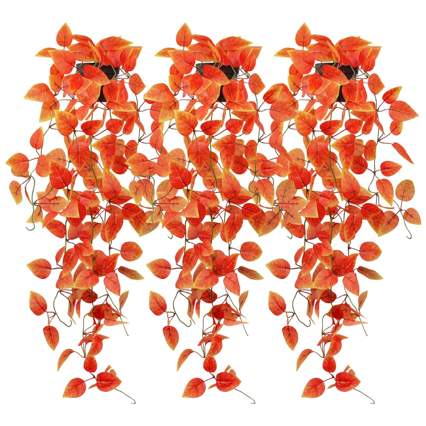 3 Pack Artificial Fall Plants Hanging Orange Vines Potted Fall Foliage Fake Pothos Trailing Plant Autumn Decoration for Indoor Outdoor Thanksgiving Bathroom Wall Kitchen Room Shelf Decor (Black Pot)