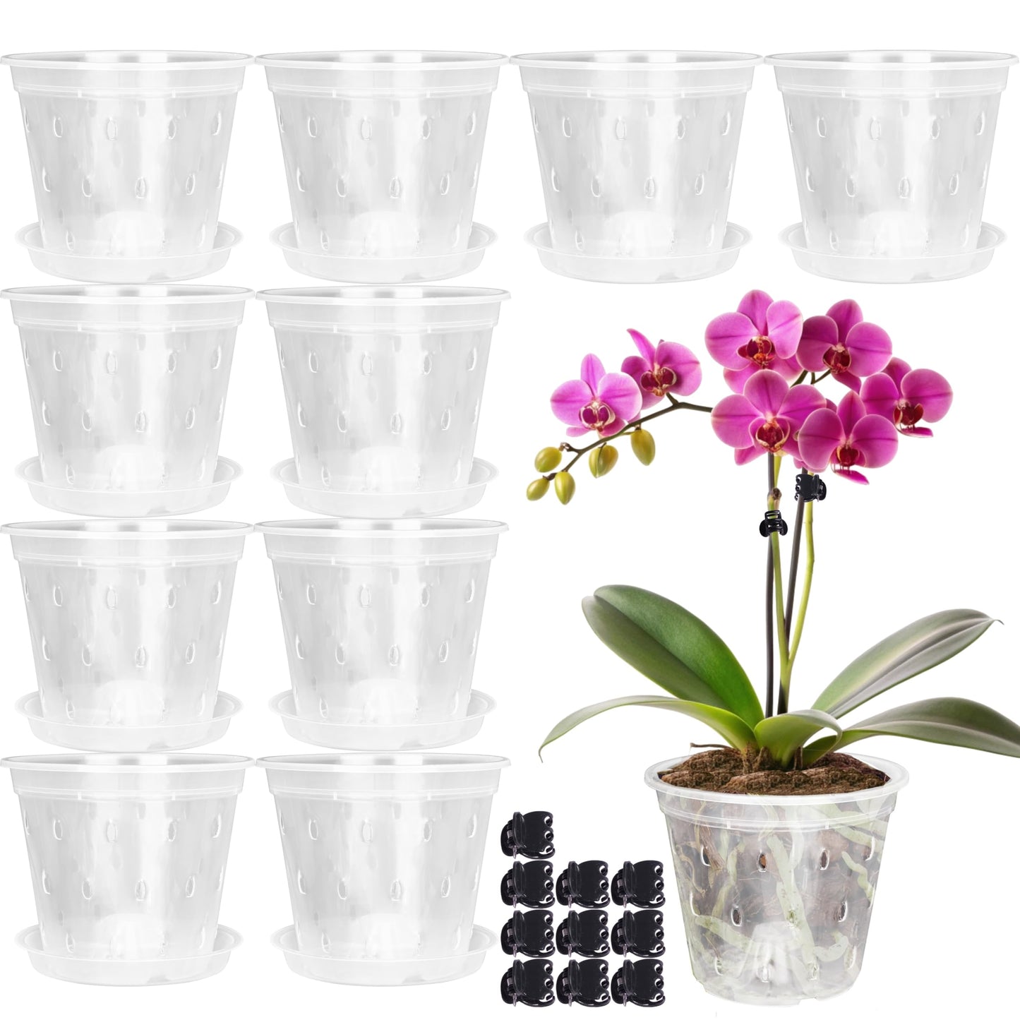 AUGXIXI Orchid Pots, 5.7 Inch 10Pcs Clear Orchid Pots with Holes and Saucers, Plastic Plants Flower Nursery Orchids Drainage Indoor Planter for Planting Repotting