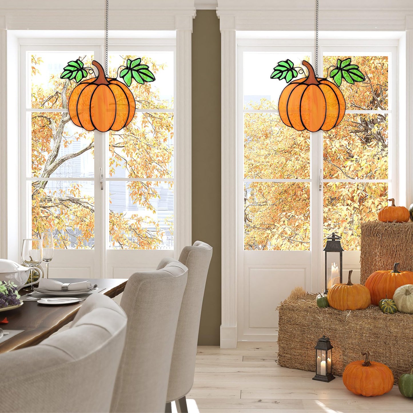 Yalikop 2 Pcs Thanksgiving Fall Pumpkin Suncatcher Decoration Halloween Pumpkin Stained Glass Window Hangings Sun Catcher for Office Party Home Decor Gifts Window Home Garden Fall Crafts Harvest Decor
