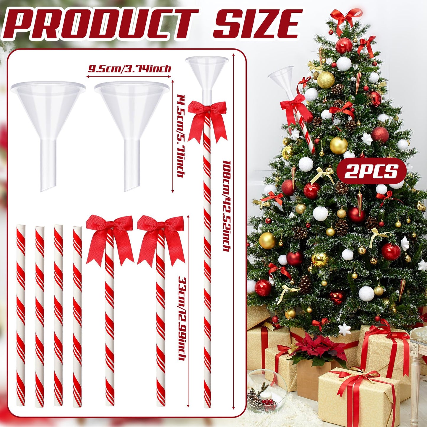 2 Pcs 40 Inch Christmas Tree Watering Funnel Reusable Xmas Tree Funnel Waterer Red and White Striped Christmas Watering System Longer Spout Xmas Device for Indoor and Outdoor Plants
