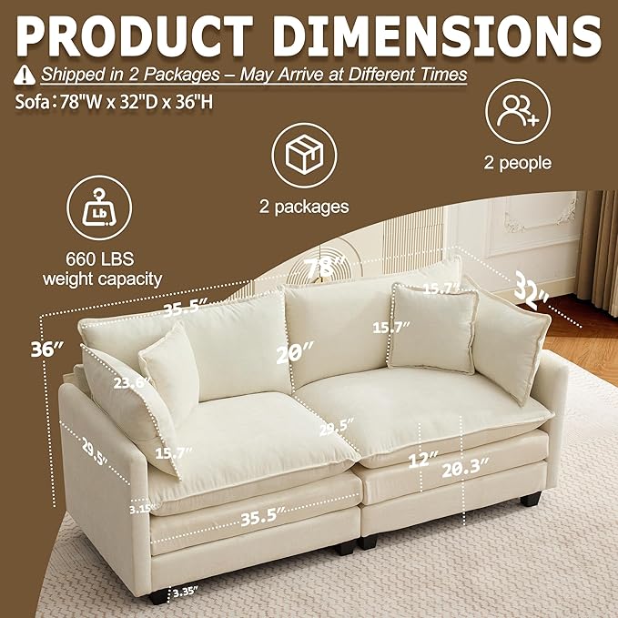 78" Modular Sectional Sofa, Cloud Couch Loveseat Sofa, Deep Seat Washable