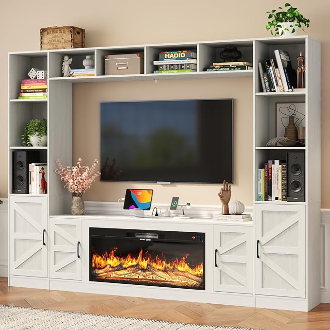103" Fireplace TV Stand with 40" Electric Fireplace, Farmhouse TV Stand with