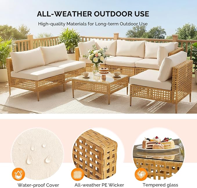 VINGLI 7 Piece Patio Sectional Furniture Set, Wicker Outdoor Furniture
