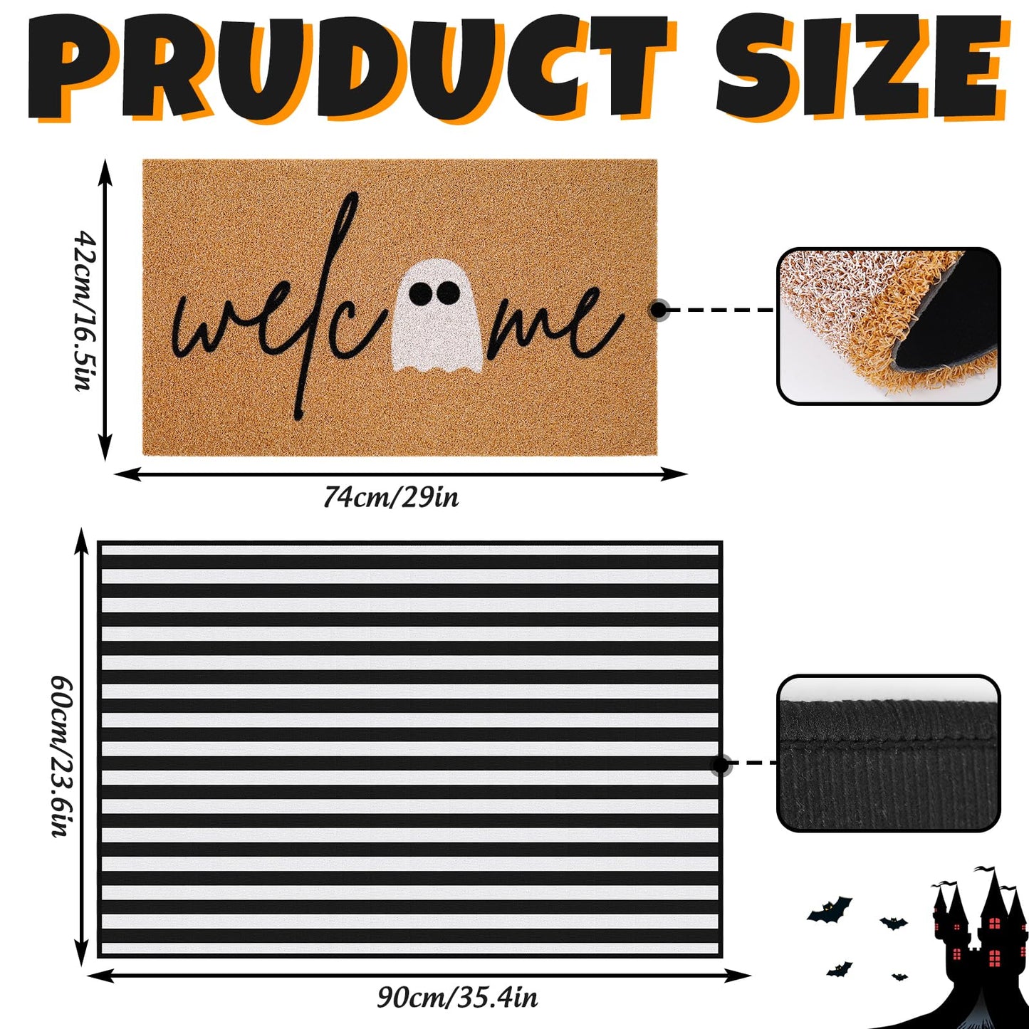 JarThenaAMCS 2Pcs Halloween Door Mat Combo Set 16.5" x 29" Cute Ghost Imitation Coir Welcome Doormat with 23.6" x 35.4" Black White Stripe Rug for Indoor Outdoor Home Bathroom Decor
