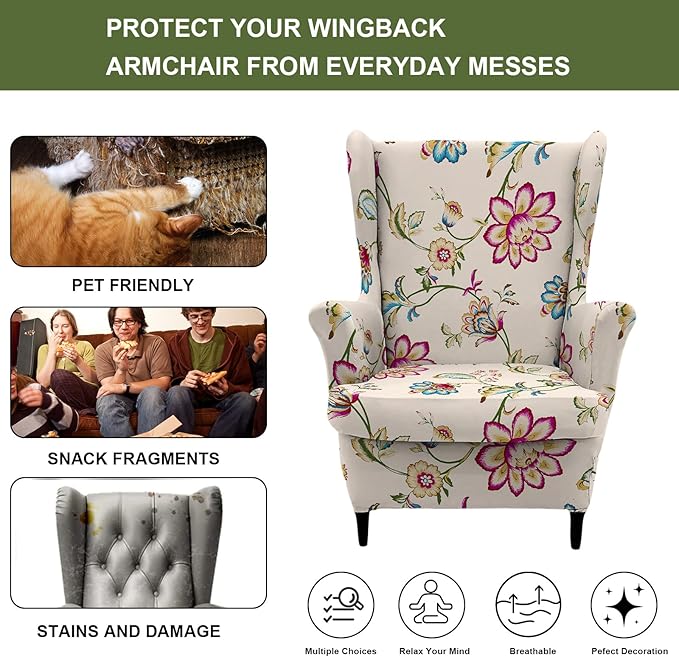 HAOYONG Wing Chair Slipcovers Printed Wingback Chair Covers 2 Pieces Wingback