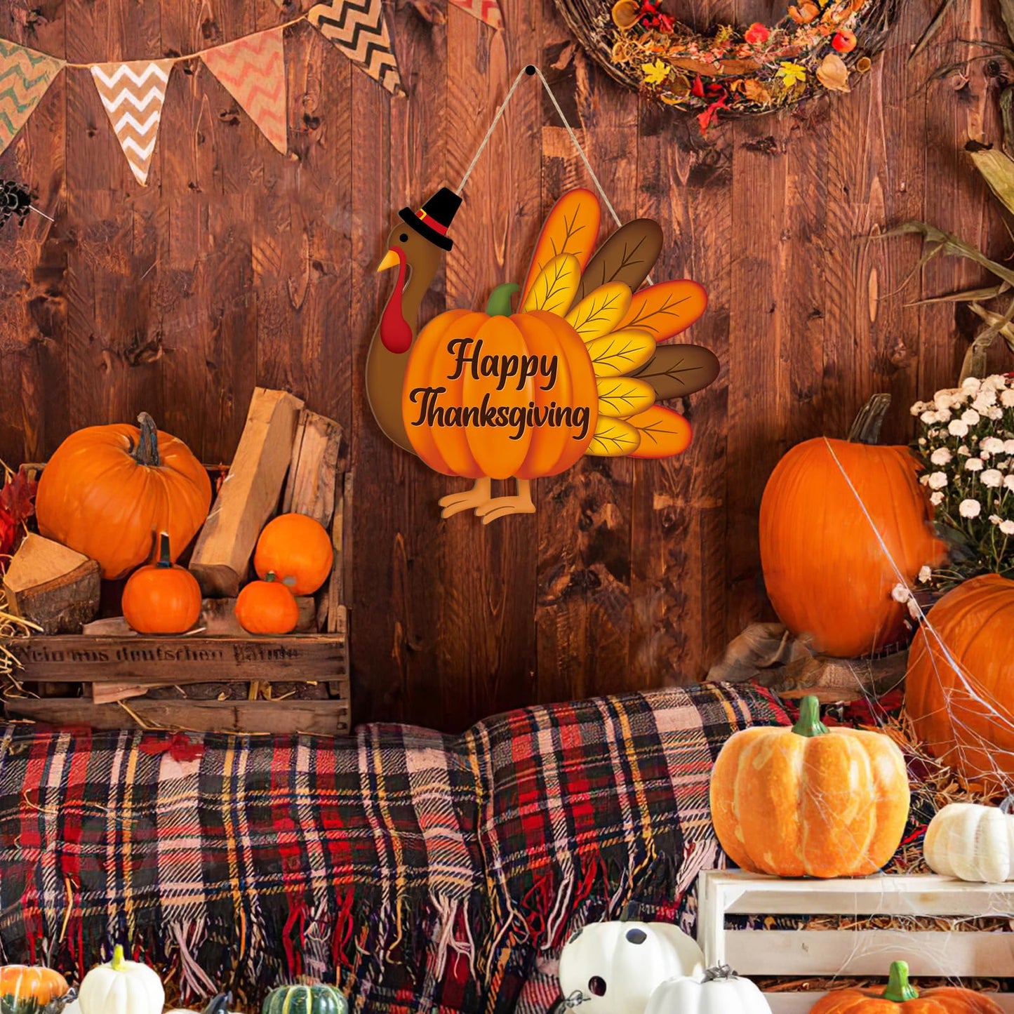 Thanksgiving Decoration Wooden Turkey Pumpkin Door Wreath for Front Door Sign Wall Signs, Thankful Blessed Grateful Pumpkin Sign Hanging for Fall Autumn Harvest Home Halloween Decoration