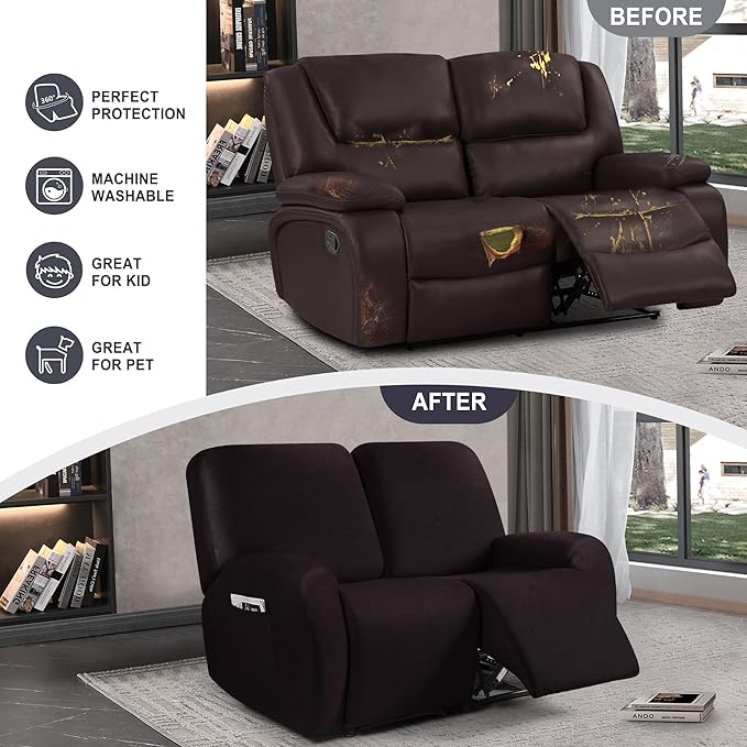 ANARACHON Leather Look Loveseat Recliner Cover, 6-Pieces Stretch Dual Recliner
