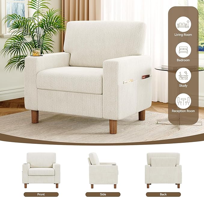 Mid Century Modern Accent Chair, Chenille Comfy Living Room Arm Chairs