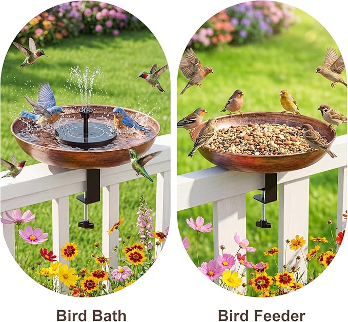 Edenseelake Deck Mounted Metal Bird Bath with Solar Powered Fountain for Outside, Detachable Birdbaths Bowl with Adjustable Steel Clamp for Feeder Railing Balcony Fence Yard
