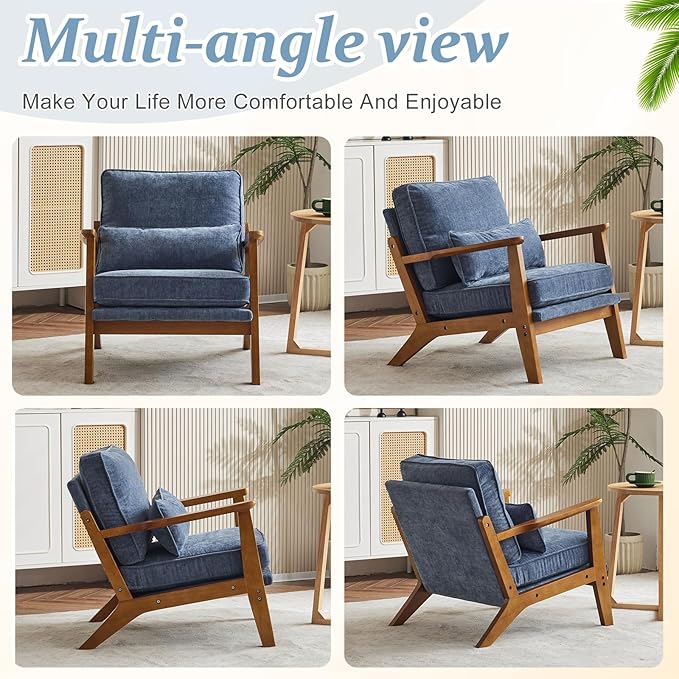 VINGLI Solid Wood Wide Armrests Accent Chair, Upholstered Mid Century Modern