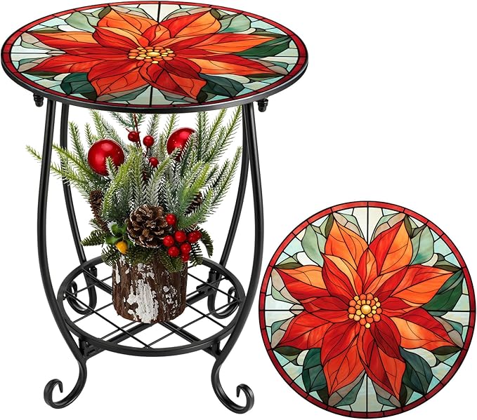 Cinnvoice Outdoor Side Table Round Small Mosaic Patio Accent Indoor End Plant