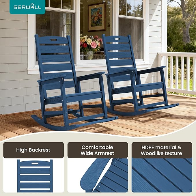 SERWALL Oversized Outdoor Rocking Chair, HDPE Patio Rocking Chair