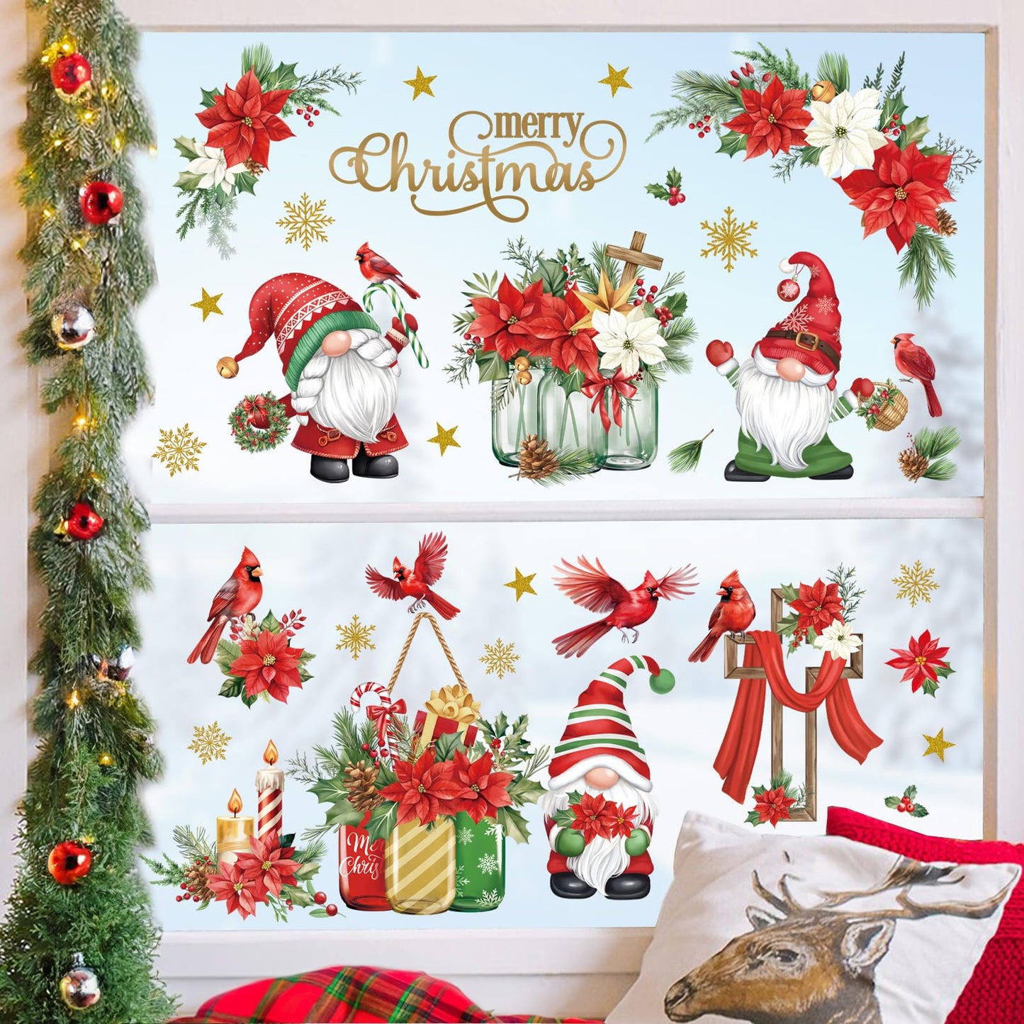 decalmile Christmas Red Gnome Flowers Window Clings Reusable Cardinal Birds Snowflake Window Decals Double Side Printed Window Stickers Glass Door Holiday Home Kitchen Decoration