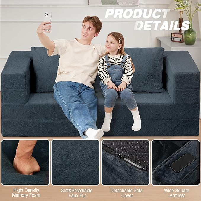 Folding Bean Bag Chair for Adults, 3-in-1 Bean Bag Couch Faux Fur Floor Sofa