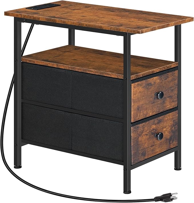 HOOBRO End Table with Charging Station, Narrow Side Table, Nightstand with 2