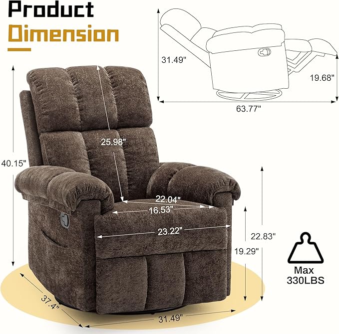 Korser Recliner Chair, Swivel Rocker Recliner Chair
