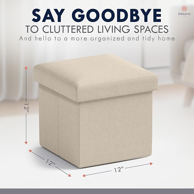 Ornavo Home Small Storage Ottoman Foldable Collapsible Cube Square Linen