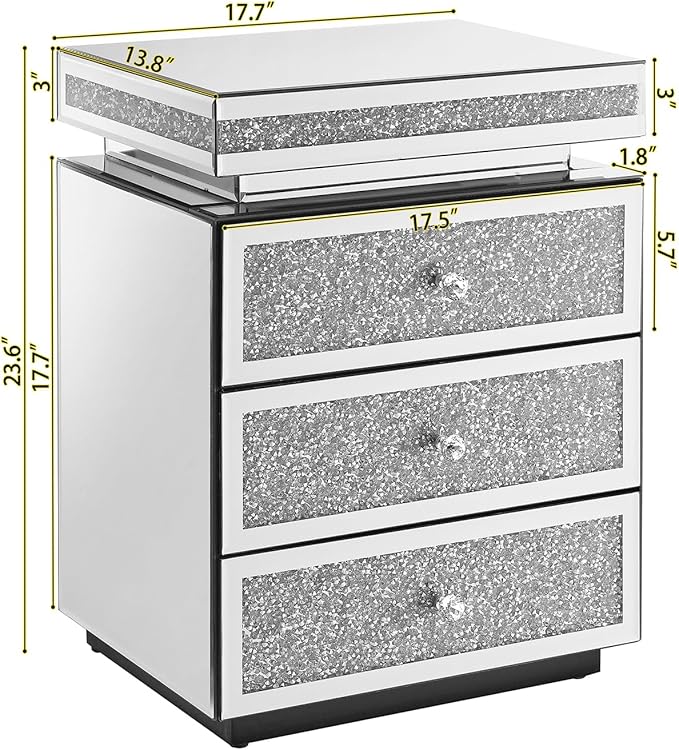 Modern Glam Glass Mirror Nightstand, 3-Drawer Luxury Mirrored Accent Table