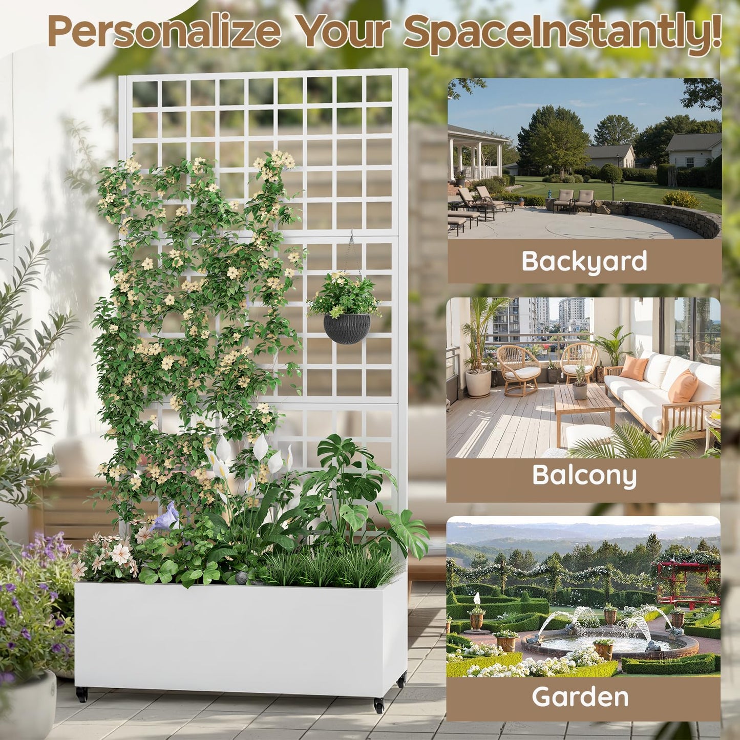 Metal Planter Box with Trellis,72"x35"x15",Galvanized Raised Garden Bed Trellis Outdoor Planter with Privacy Screen & Wheels and Drainage Holes,for Patio Climbing Vegetables,Flowers,Vines,White