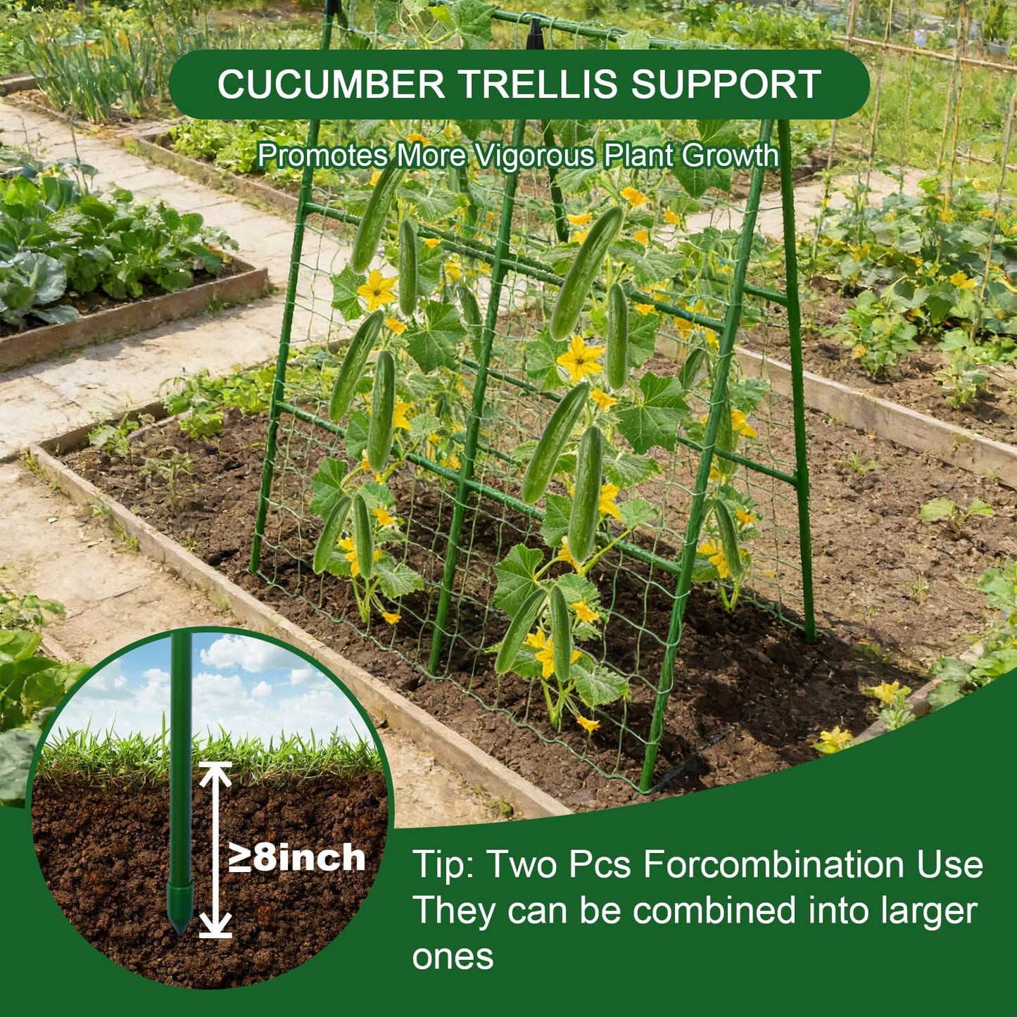 2-Pack A-Frame Cucumber Trellis for Raised Bed - 33"x47" Foldable Garden Trellis with Net & Clips|Space-Saving Metal Plant Support for Cucumber, Tomato, Peas|Rust-Proof Outdoor Climbing Plants Trellis