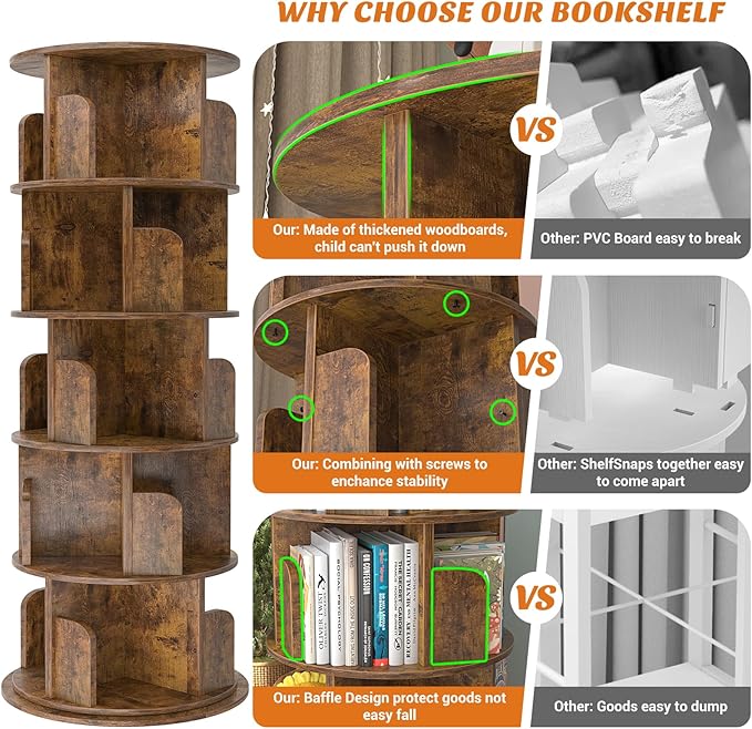 Aheaplus Rotating Bookshelf, 360 Display Wood Spinning Bookshelf Tower