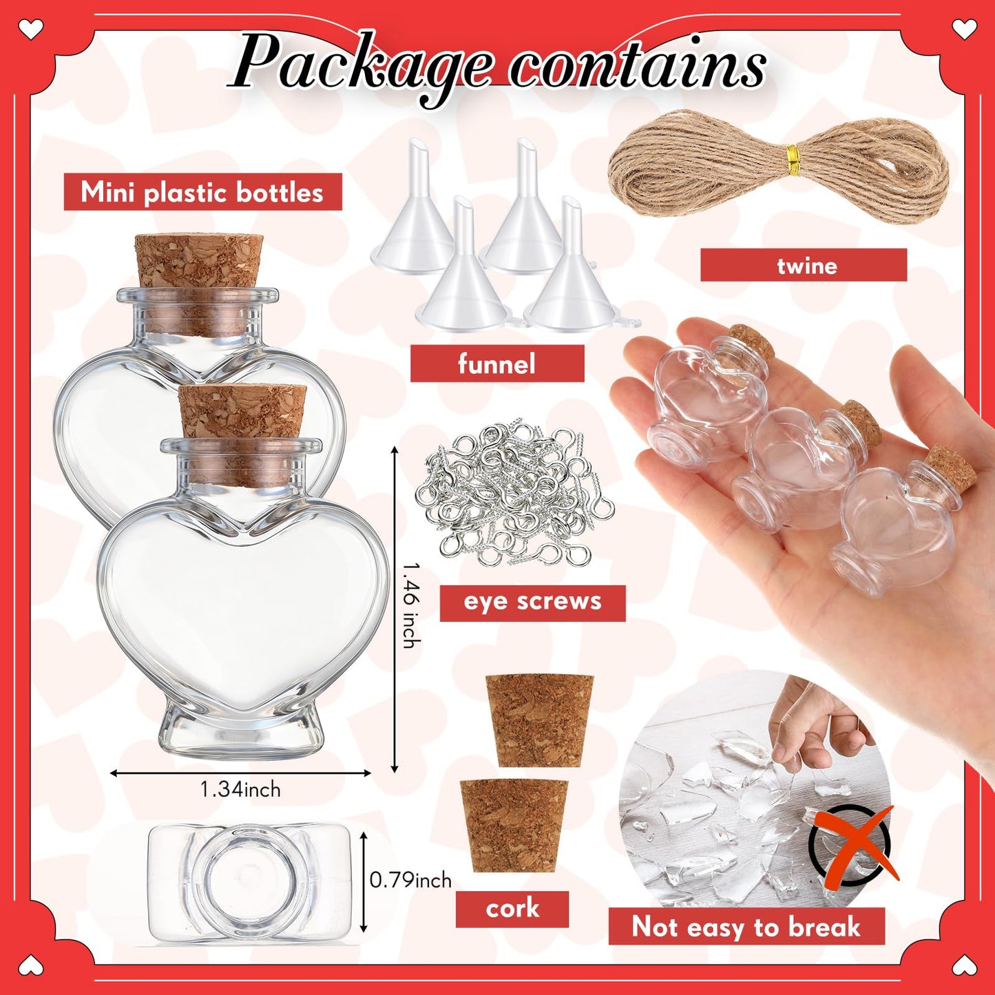 Bokon 50 Pack 1 oz Mini Plastic Bottles with Cork, Small Potion Bottles Tiny Clear Sand Art Jar Wishing Vial Bulk for Birthday Halloween Valentines Party DIY Crafts Gift (Heart)