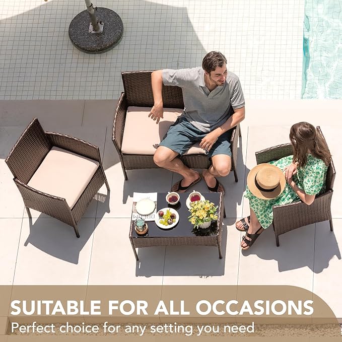 Devoko 4 Pieces Outdoor Patio Furniture Set, PE Rattan Wicker Chairs Balcony
