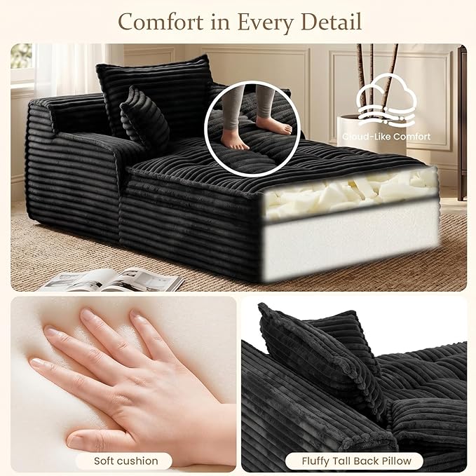Boneless Chaise Lounge Couch Indoor, Oversized Corduroy Upholstered Sofa Bed