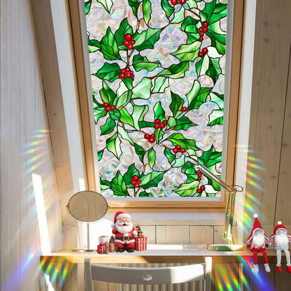 Christmas Window Film Christmas Green Window Clings DIY Glass Art Decoration Xmas Red Berry Designs Privacy Film Stained Glass Window Film Windows Sticker for Holiday Bedroom Door Decor
