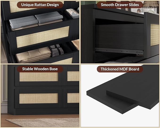 47 Inch Rattan 8 Drawer Dresser, Modern Farmhouse Chest of Drawers, Tv Stand