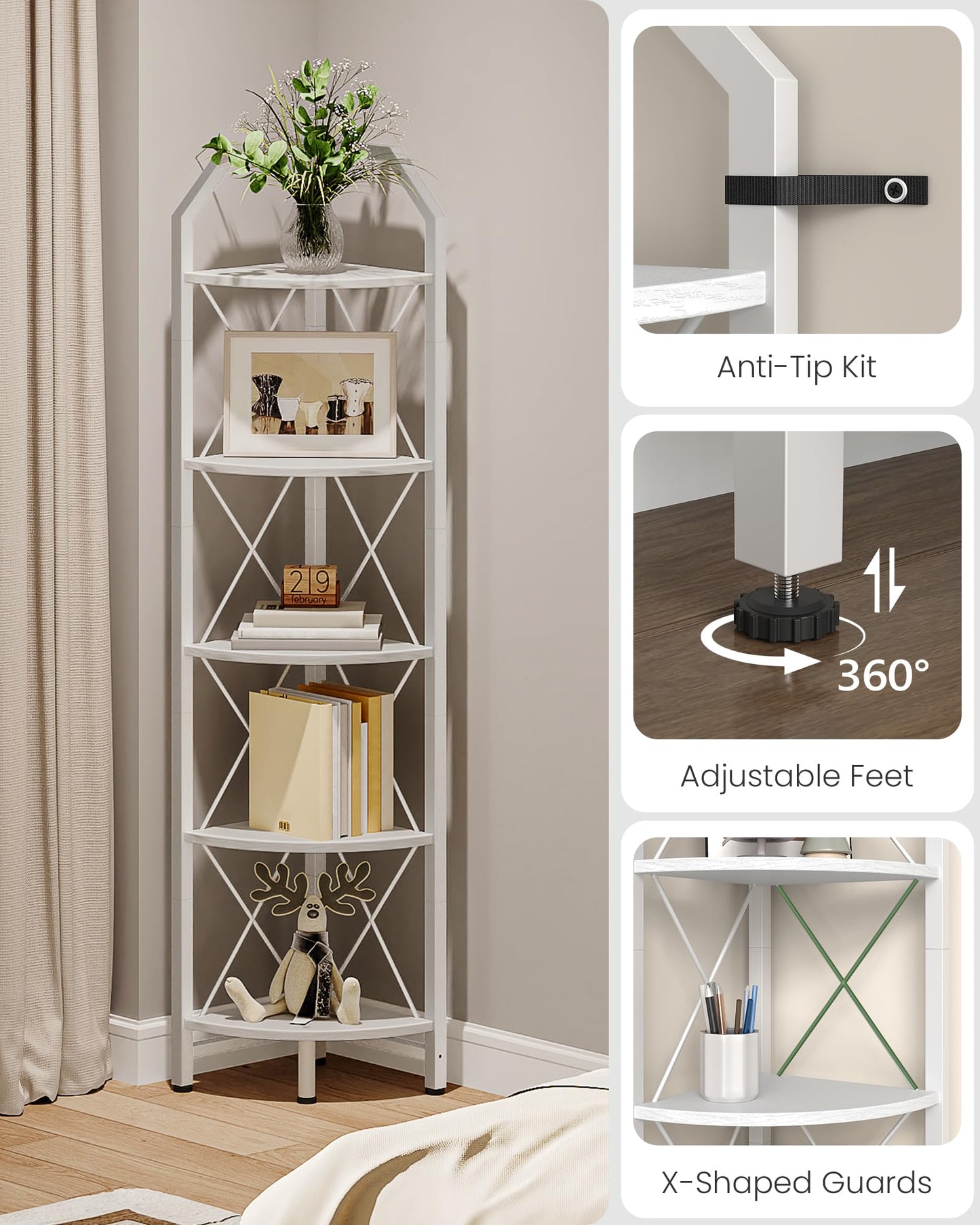 CHOEZON 5-Tier Corner Shelf, Industrial Corner Bookshelf, 59.4" Corner Storage Stand, Plant Stand Display Shelf, Corner Bookcase for Bedroom, Living Room, Home Office, White TCJ10WB