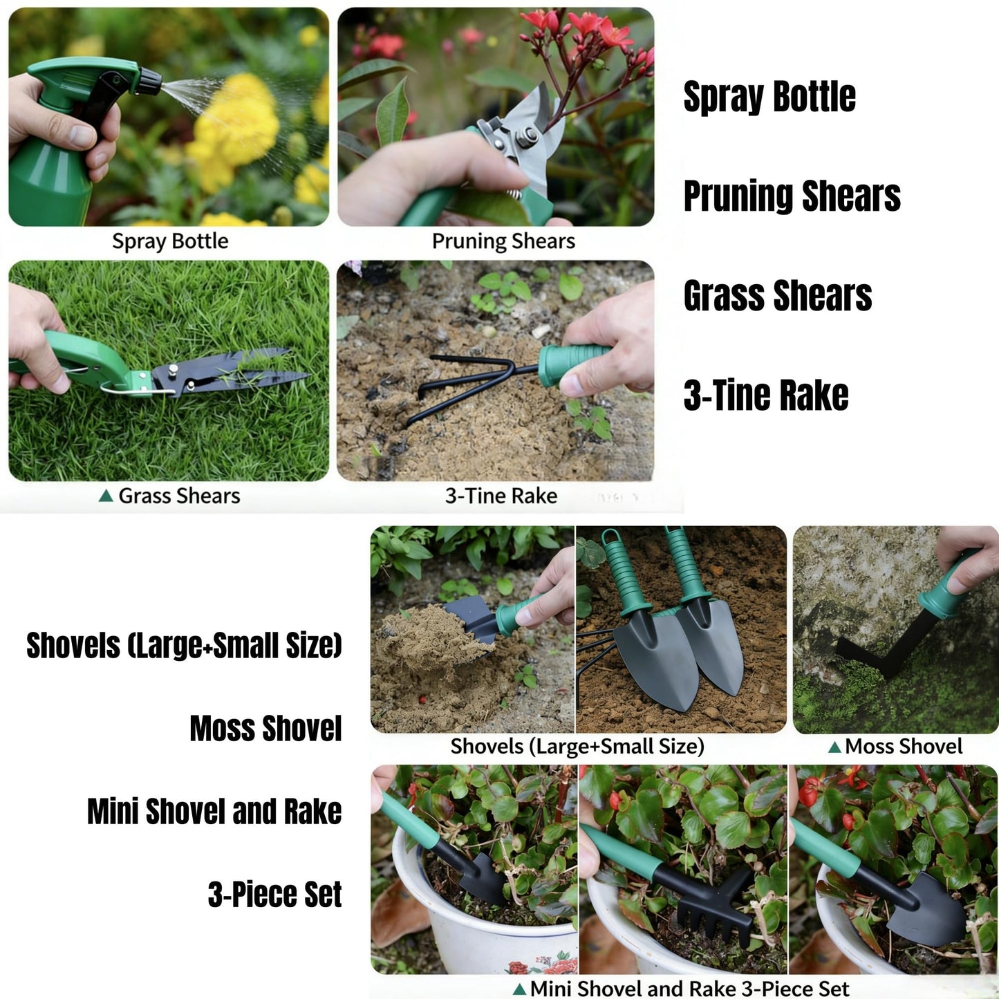 5-Piece Garden Tool Kit with Storage Case, Heavy Duty Gardening Tools Including Shovel, Trowel, Cultivator Rake, Pruners and Spray Bottle for Bonsai, Weeding and Yard Maintenance(Green-5)