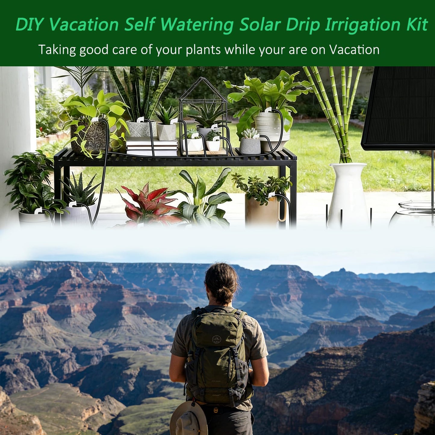 Vonloge 49FT Solar Drip Irrigation System, Automatic Watering Irrigation Kit for 15 Potted Plants, Auto DIY Watering System Plant Water Devices with Timer for Greenhouse Balcony Indoor Outdoor