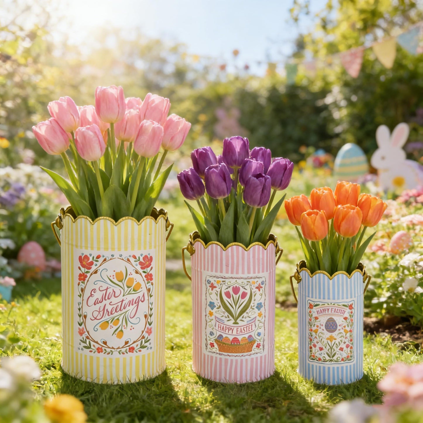 Zorvynelle Set of 3 Metal Bucket with Handle Decorative Floral Basket Bucket Cute Striped Design Flower Planter for Easter, Gift Baskets, Garden & Home Decor