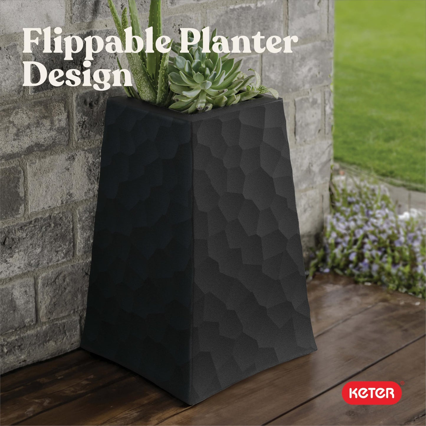 Keter Stone Tapered Planter Set of 2, Tall 26.4‑Inch Resin Outdoor Flower Pots with Stone‑Look Finish and 12.2‑Gallon Capacity, Graphite