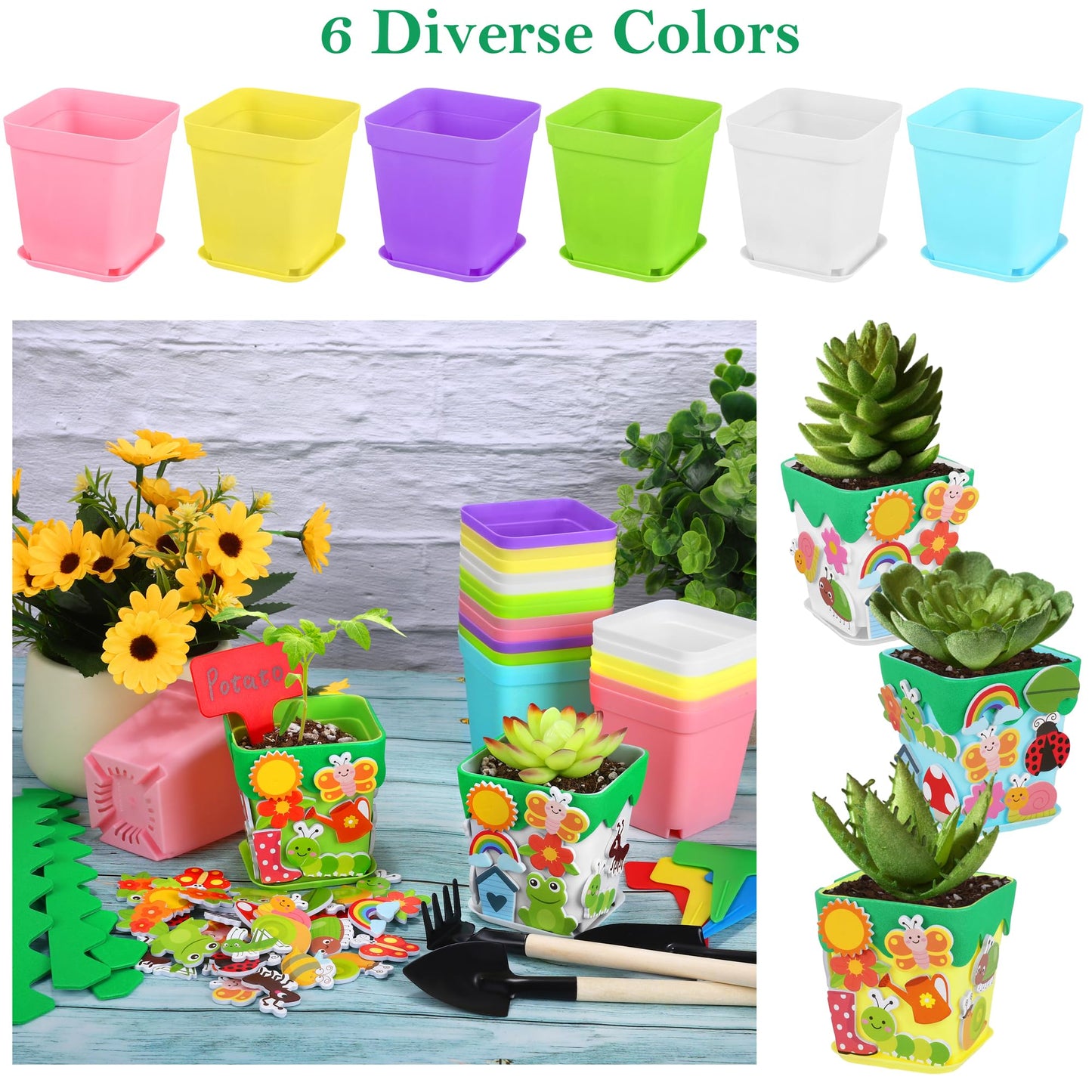 Elcoho 36 Set Garden Plastic Pot Craft Kit Plant Spring Craft Kits for Kids Flower Pots with 150 Foam Stickers 36 Labels 24 Certificate of Awards 3 Tools Planting Growing Kit for Kids, Mixed Colors