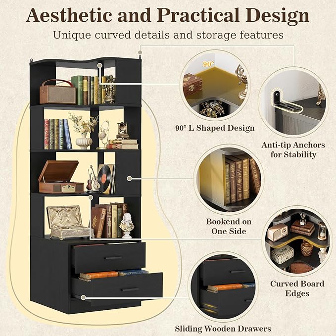 Armocity Corner Bookshelf with Drawers, 7 Tier Corner Book Shelf Display