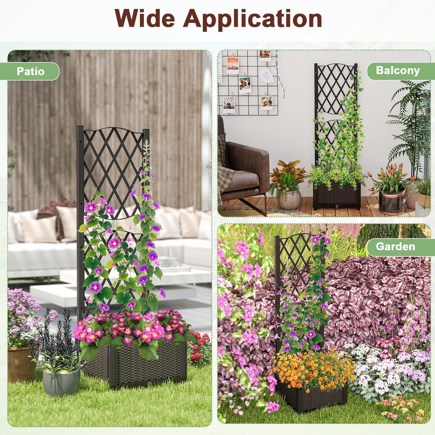 Giantex Raised Garden Bed with Trellis, Garden Planter for Vine Climbing Plant Vegetable Herb Flower, Outdoor Standing Garden Bed with Drainage Hole for Yard Balcony Entryway 16"x16"x 48"