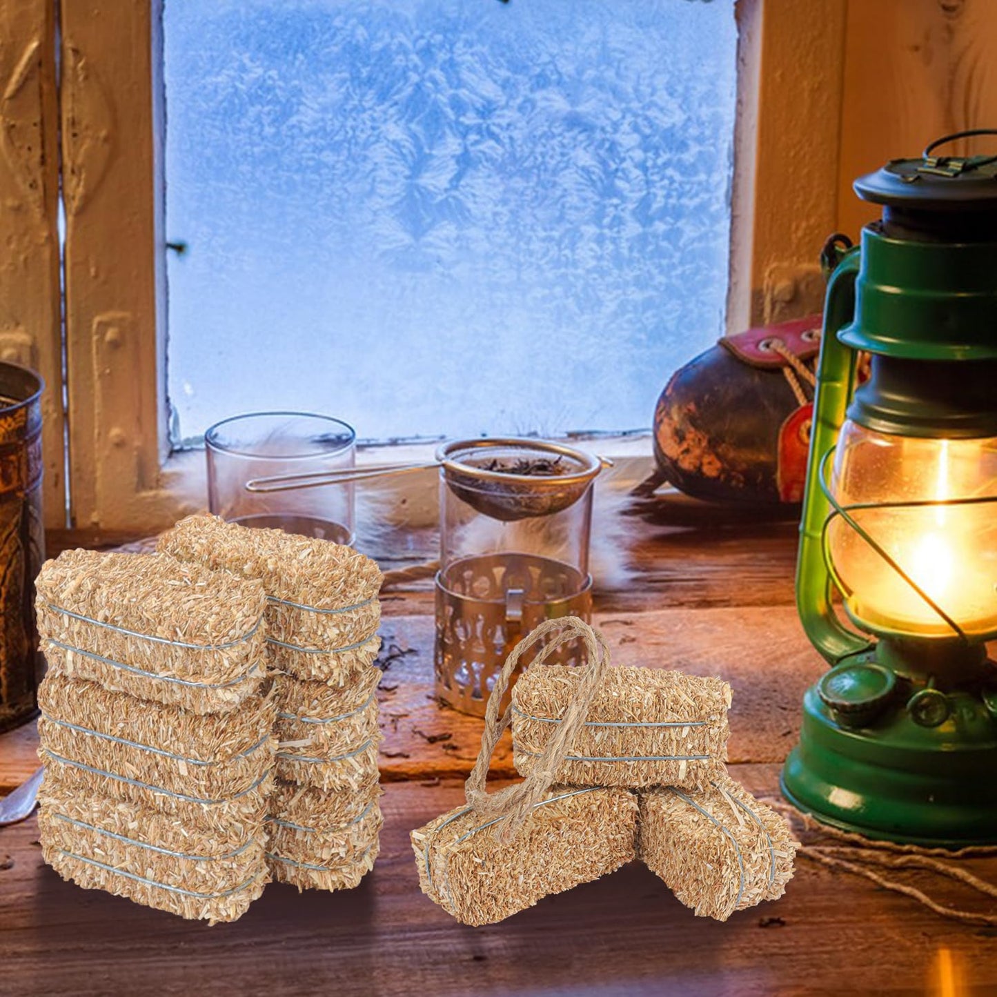Yiksonyo 12 PCS Mini Decorative Hay Bales & 12 PCS Twisted Hemp Rope, Perfect for Table Centerpieces, Fall & Halloween Crafts, and Rustic Decor