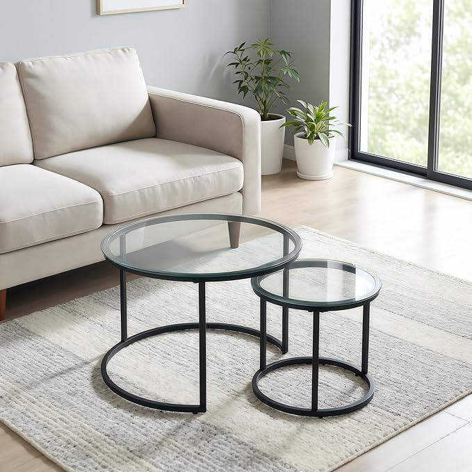 Round Nesting Coffee Table Set of 2, Modern Glass Nesting Tables, Stacking