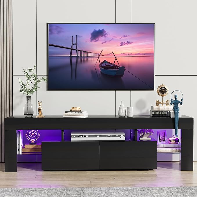 JUMMICO TV Stand, Modern Lighting TV Cabinet Entertainment Center Media and