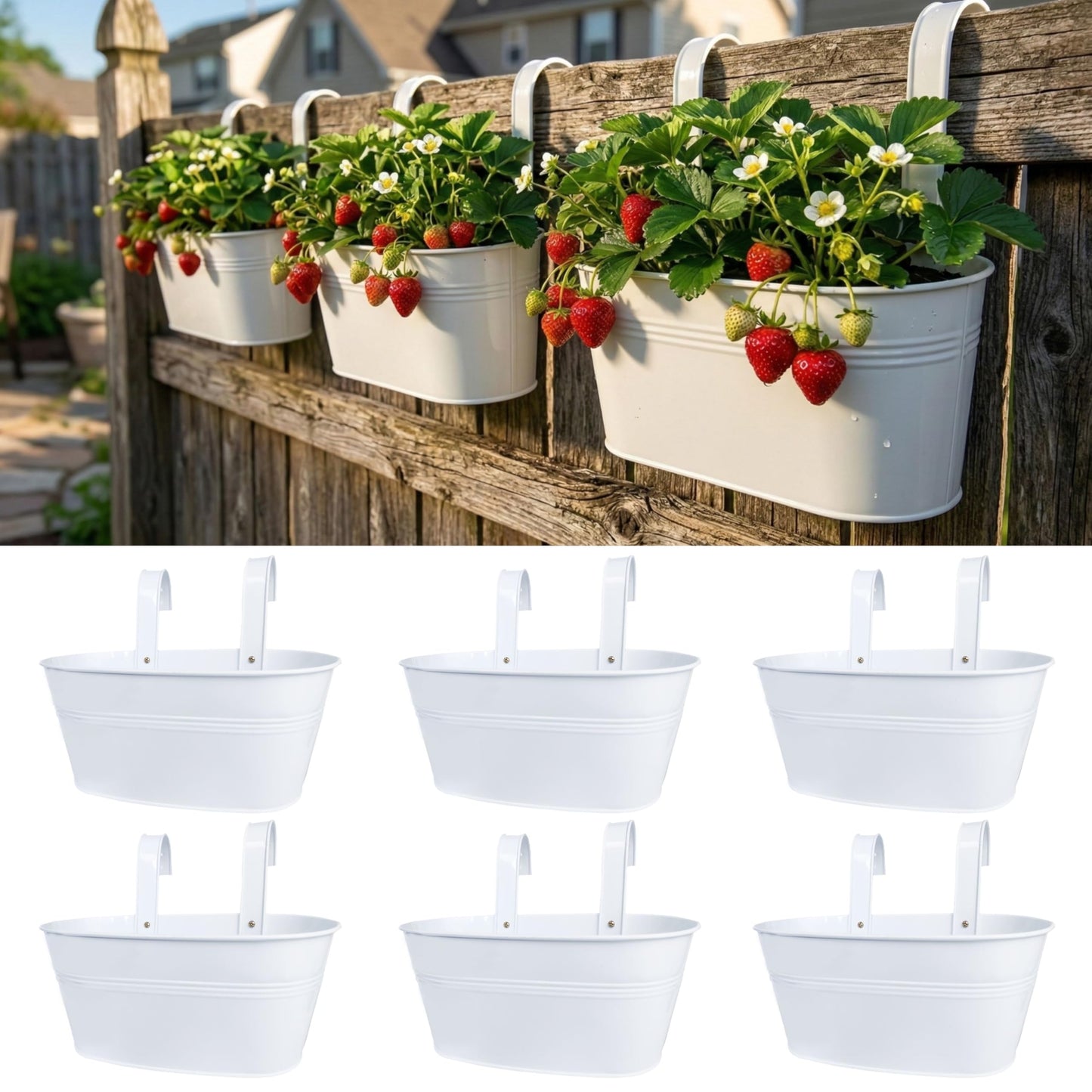 LaLaGreen Outdoor Rail Planter (6 Pack, 9.8 Inch) Small and Cute White Metal Iron Hanging Flower Pots Deck Railings Fence Buckets Countryside Style Wall Mount Window Box Plant Holder Hooks Porch Decor