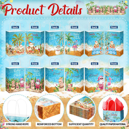Sinload 24 Sets Summer Christmas Party Gift Bags with Tissue Paper Xmas in July Santa Tropical Goodie Bags with Handle Christmas Treat Tote Hawaiian Flamingo for Beach Pool Birthday Party Decoration