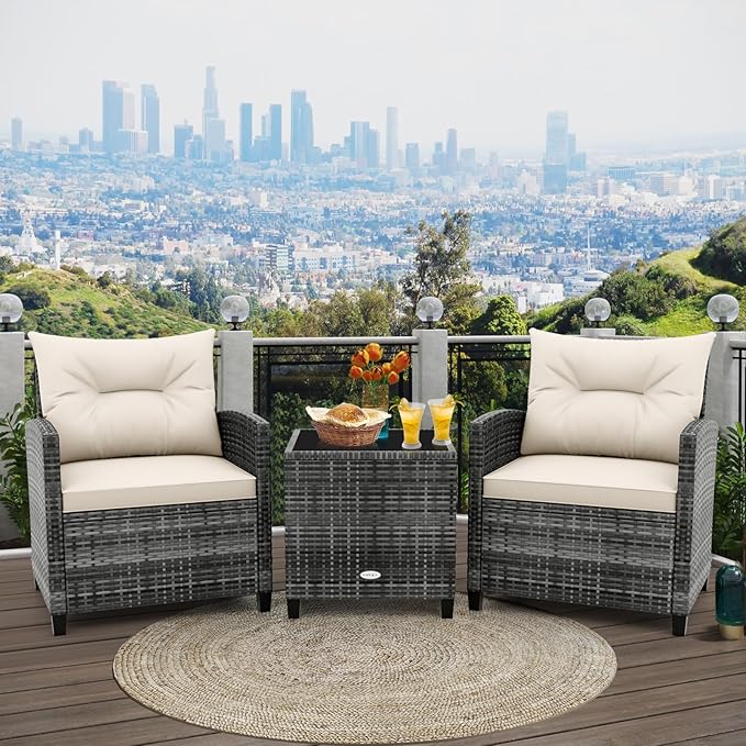 HAPPYGRILL 3 Pieces Patio Conversation Set PE Rattan Outdoor Furniture Sofa Set